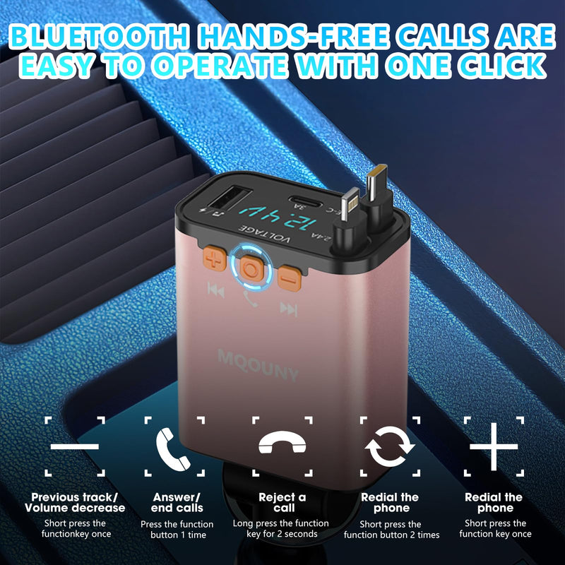 Retractable Car Charger,5 in 1 Fast Cars Phone Charger 60w,Bluetooth 5.3 FM Transmitter Adapter,Handsfree Call,MP3 Player,2 Retractable Cables and USB Chargers, for Phone,Galaxy,Pixel (Pink) Pink