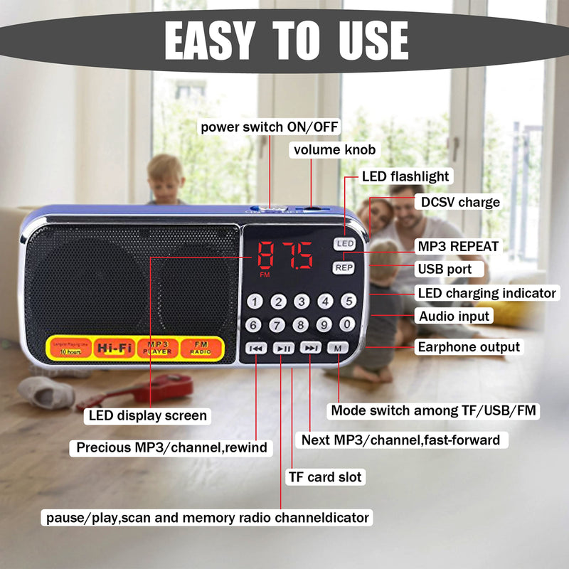 Leting Radios Portable AM with MP3 Speaker, Portable Radio Support TF Card/USB,Rechargeable Battery Powered FM Radio,Mini Radio with Best Reception (Blue)