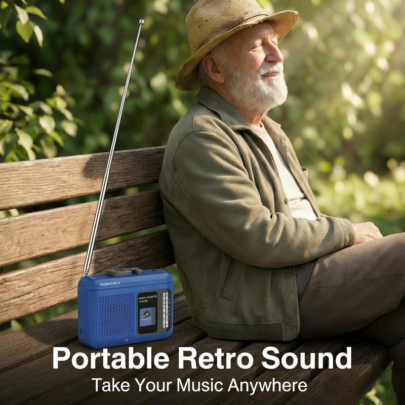 [AUSTRALIA] - Portable Cassette Tape Player Recorder with AM/FM Radio, Built-in Speaker & Microphone, 3.5mm Headphone Jack, Walkman Style, USB/Battery Powered, Retro Blue 