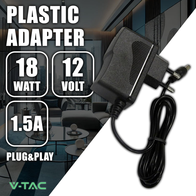 [AUSTRALIA] - V-TAC Power Supply Adapter 12 V 18 W 1.5 A for Cameras, LED Strips, Modem - Transformer 12 V - Power Adapter for Screens and Electronic Devices - Input AC 100-240 V - Euro Plug 