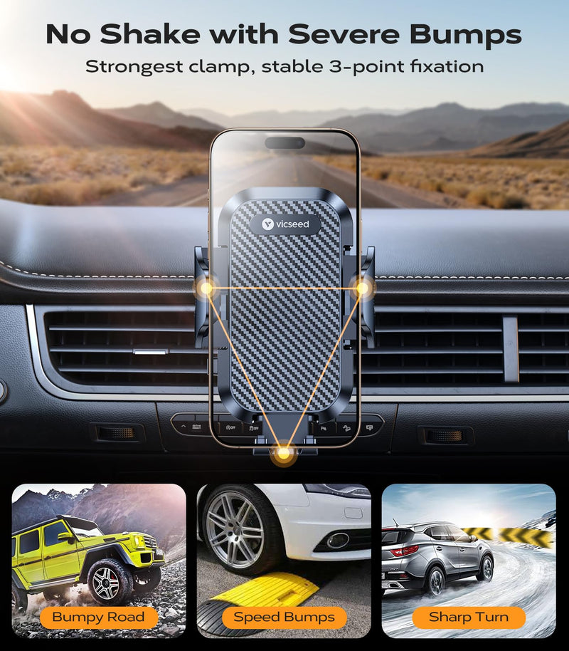VICSEED 2026 Upgrade Ultra Stable Car Phone Holder Mount [Never Fall Off & Won't Break] Universal Air Vent Phone Mount for Car Easy Clamp Phone Holders for Your Car for iPhone 17 Pro Max 16 15 14 13 Black