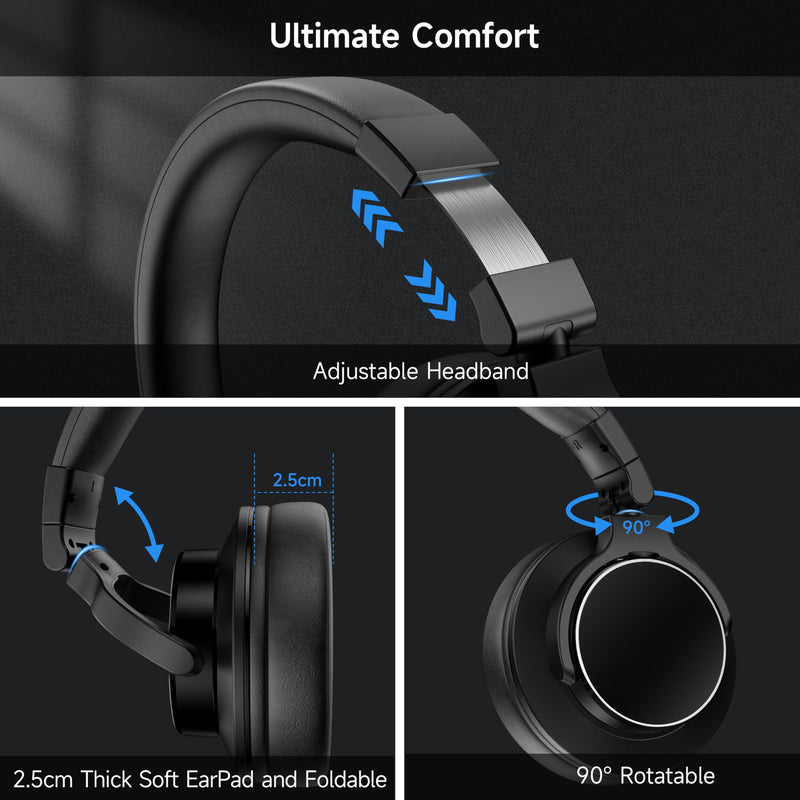 Over Ear Bluetooth Headphones, Studio Monitor & Mixing DJ Headphones Wireless with 50mm Drivers and 1/4 to 3.5mm Wired Audio Jack for Guitar AMP Recording Podcast Piano, 100H Playtime, Black