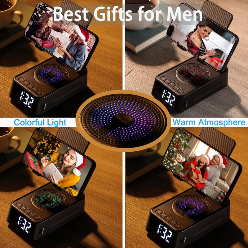 [AUSTRALIA] - Presents for Men/Women, Cell Phone Stand with Wireless Bluetooth Speaker, 12H Time Display Unique Presents for Him, Husband, Boyfriend, Dad, Her, Wife, Mom, Cool Multi Functional Gadget (Crow Black) Crow Black 