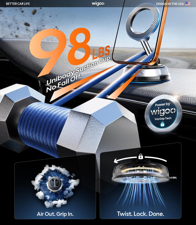 Wigoo Car Phone Holder for Magsafe [98LBS Suction & 3000gf Magnetic] | Phone Holders for Your Car for iPhone 17 Pro Max 16 15 14 13 12 Plus Air| 360° Adjustable Car Mount| Carbon Fiber