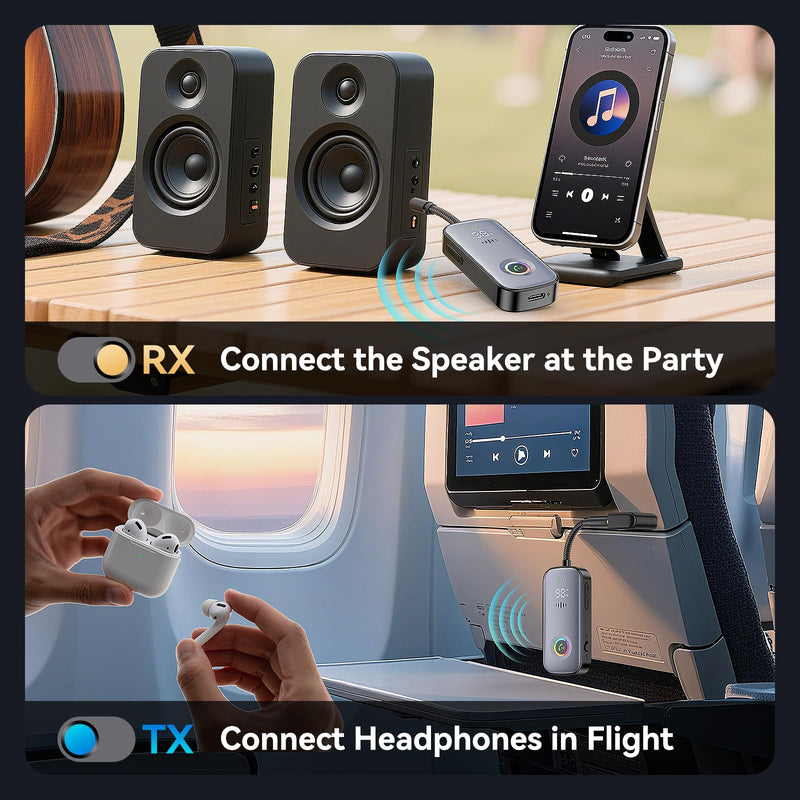 [AUSTRALIA] - Bluetooth Transmitter Receiver,Supports 2 AirPod/Headphone,HD Battery Level Display,Low Latency, 3.5mm Audio Interface Bluetooth Audio Adapter,for Airplane,TV,Car,Gyms,Home Audio Stereo Systems 
