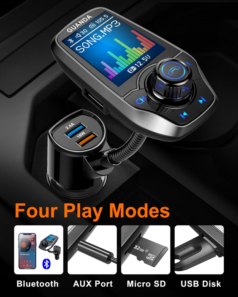 Upgraded Bluetooth 5.3 FM Transmitter for Car, Wireless Radio Adapter Kit W 1.8" Color Display Hands-Free Call AUX in/Out SD/TF Card USB Fast Charging 18W for All Smartphones Audio Players - Pewter 18W/5V-Pewter