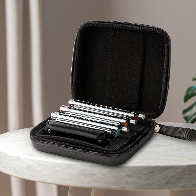 JDR Harmonica Carry Case Harmonicas Storage Carrying Case Bag with Shoulder Strap Zippered Display Cases for 4 including for Trochilus and Blues Armonicas