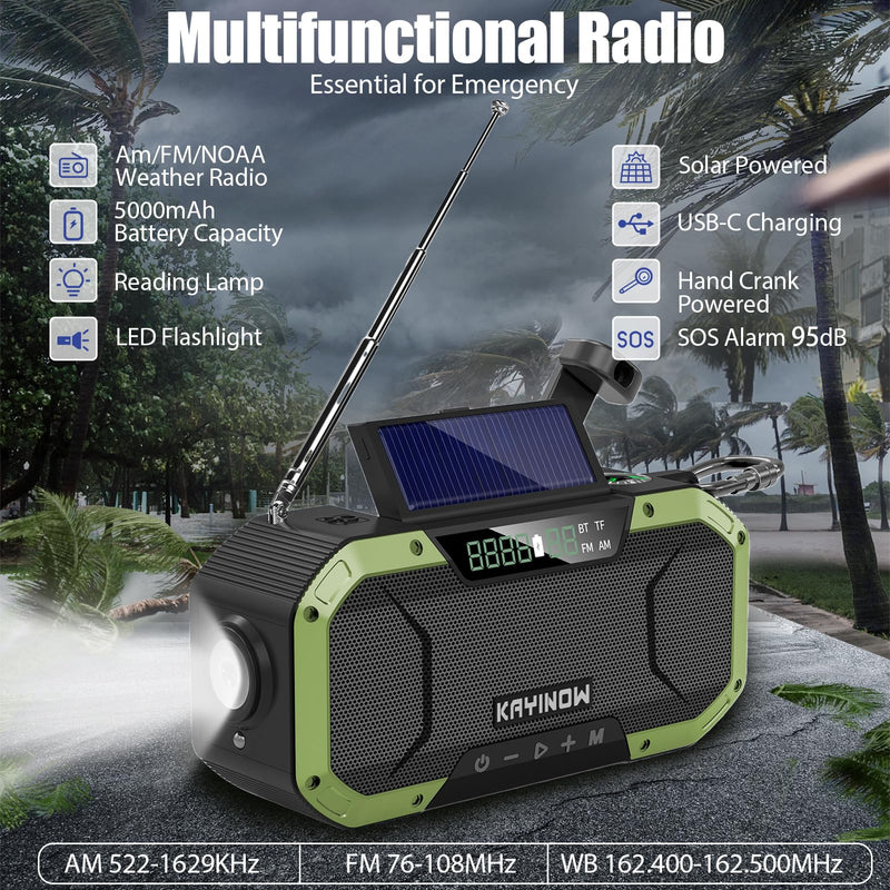 [AUSTRALIA] - Hand Crank Solar Power Emergency Radio with Waterproof Bluetooth Speaker,Portable AM FM NOAA Weather Radio,5000mAh/18500mWh Rechargeable, Phone Charger,Flashlight,SOS,Survival Storm Camping Green 