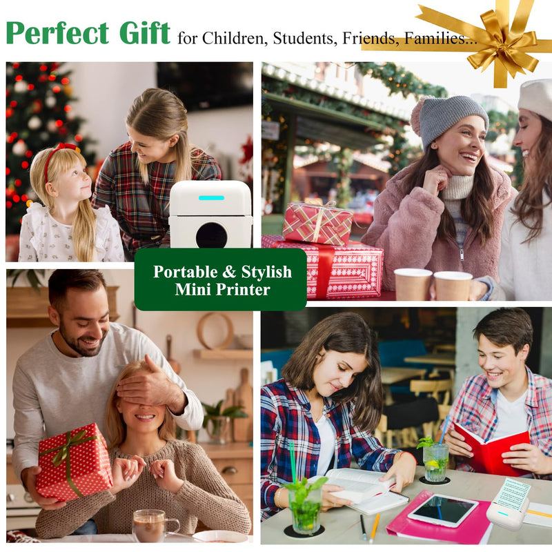Mini Portable Printer, Inkless Sticker Printer with 12 Rolls Paper, Mini Thermal Printer for Notes/Photos/Stickers/Labels/Receipts, Pocket Printer for iPhone, Android Phone & Tablet, White