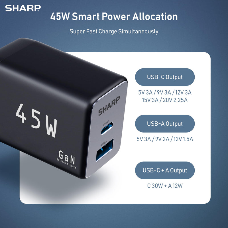 Sharp USB C Charger, 45W, 2 Port (USB A+C) Compact Foldable GaN Fast Charge for iPhone 15/15 Plus/15 Pro/15 Pro Max/14, Galaxy, Pixel 4/3, iPad/iPad Mini - Black