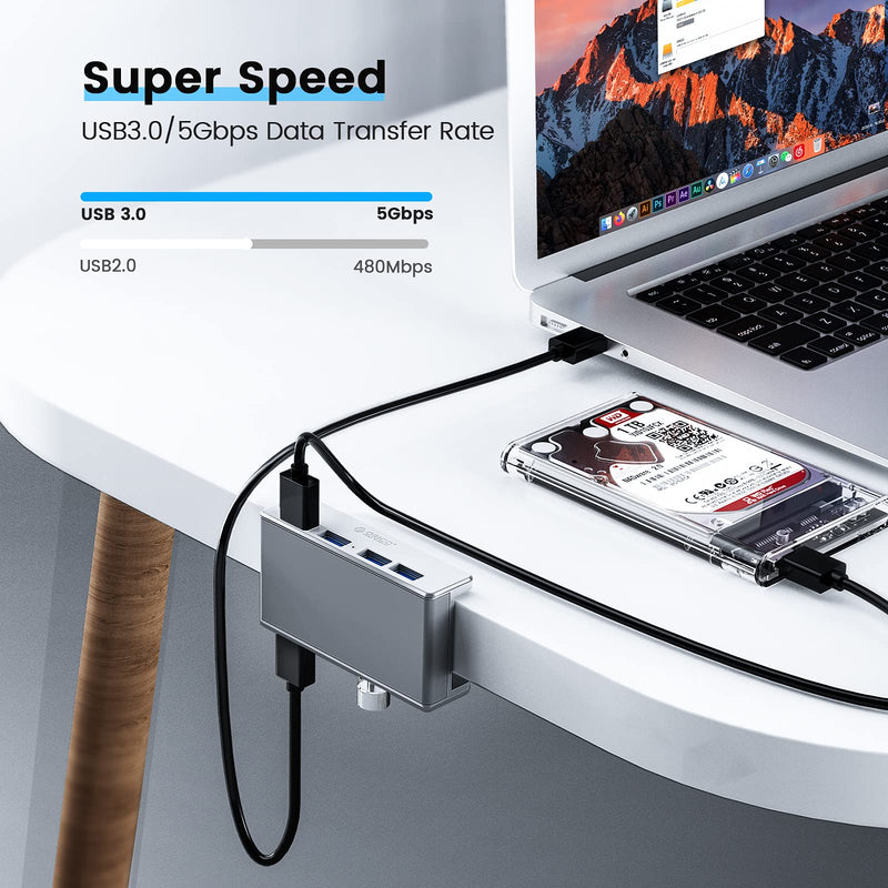 ORICO 4 Port USB 3.0 Hub Clamps on Monitor or Table, USB A/A and A/C Cable Included(4.92FT), Extra Power Supply Port, Space-Saving Mountable Aluminum USB Hub for iMac, All-in-One Desktop Computer 4 port + 2 Data Cable