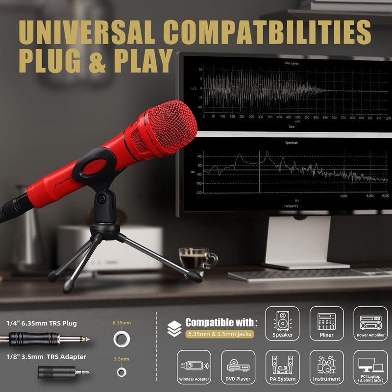 Dynamic Microphone - Professional Vocal Microphone for Singing - Premium Handheld Wired Mic with 16ft XLR to 1/4" Audio Cable - Microfono for Speaker, Mixer, Amplifier & Karaoke Machine Red