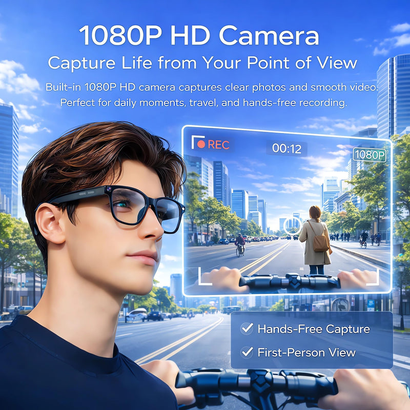 Smart Glasses with Camera, 1080P HD Video Recording Camera Glasses, Bluetooth Open-Ear Audio Smart Glasses, AI Voice Assistant, Dual Cameras, Touch Control for Driving, Cycling, Travel