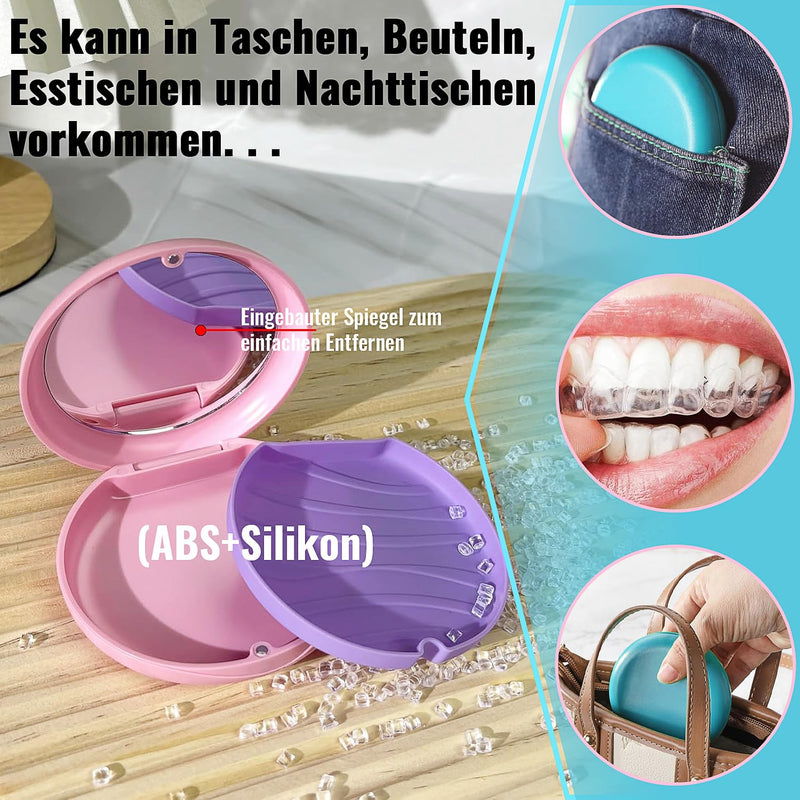 Braces Box, Pack of 2 Dentures Box with Mirror, Brace Box, Portable Dental Splint Box, Dental Container for Storing Braces and Dentures (Blue and Pink)