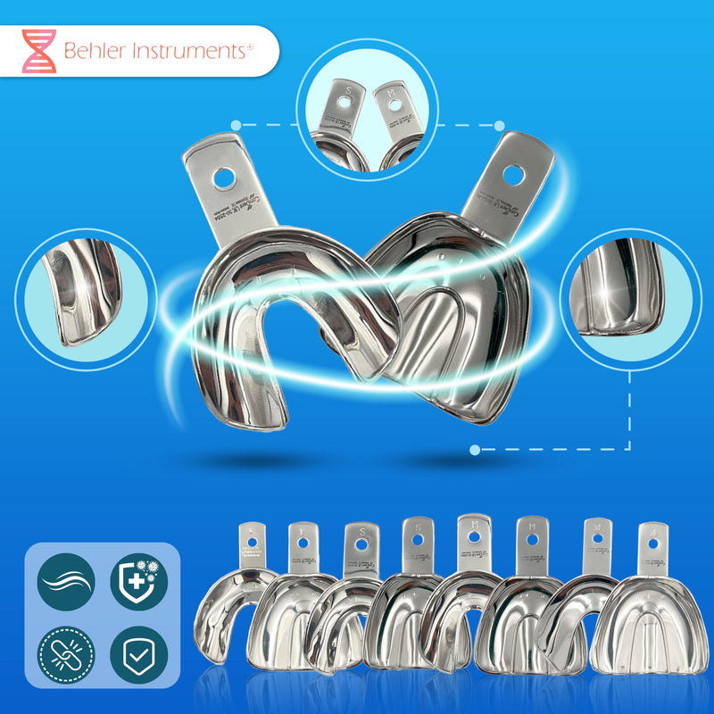 PACK Non Perforated Individual Impression Spoons for Toothless People, Upper and Lower - High Strength Stainless Steel - Essential Instrument for Dentists 8