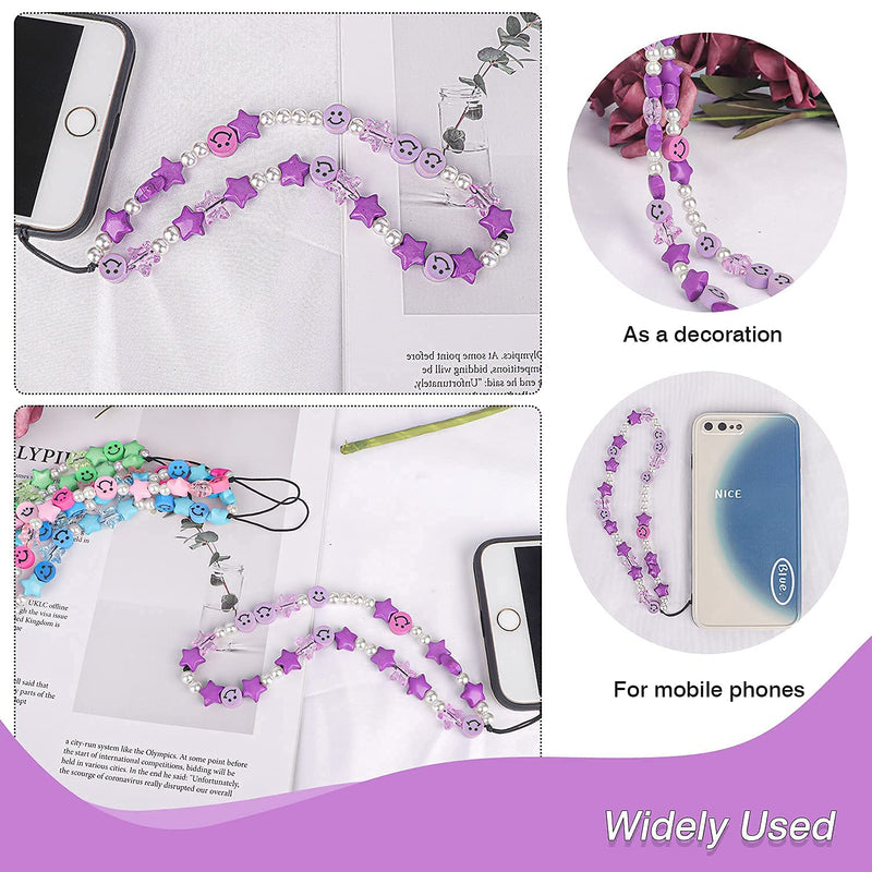 Phone Charm Lanyard, 1Pcs Smiley Face Beaded Phone Charm Strap Colorful Star Smiley Soft Ceramic Keychain for Women Girls Purple