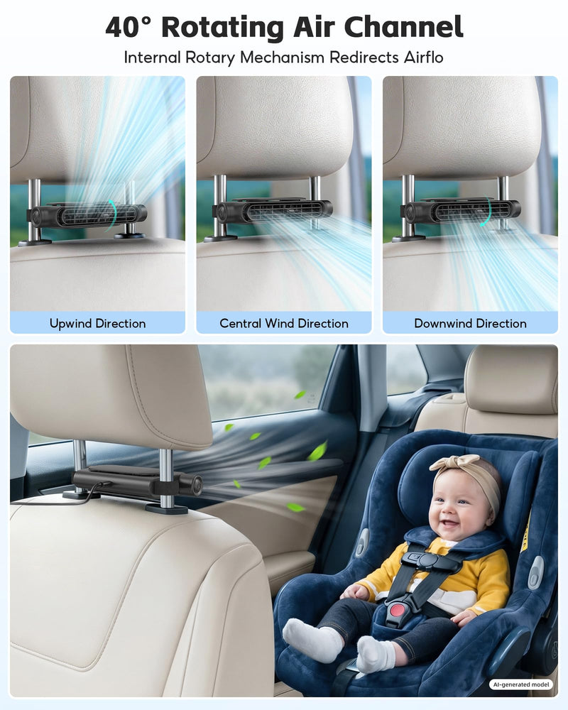 2Pack Car Seat Fan, Bladeless Dual Airflow, USB Powered for Car Headrest | For front & back car seats, no built-in battery, non-rechargeable, 3 Speed quiet, fits 4.92–6.9 in headrest posts