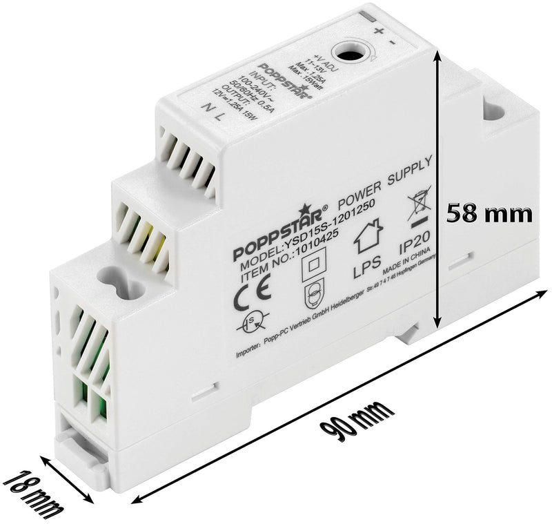 Poppstar Top-Hat Rail Power Supply P-15-12- 12V DC 1.25A 15 W (Input 100-240 V AC 50/60 Hz) 18 x 90 x 58 mm 12 V DC 1,25 A 15 W