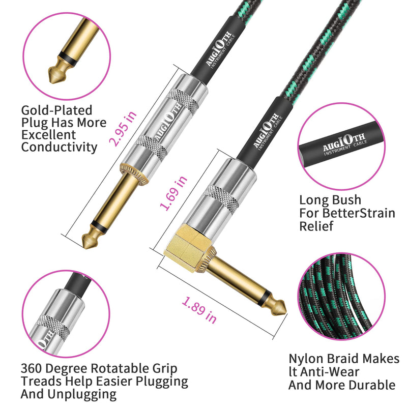 Guitar Cable 20 ft 2 Pack, Electric Instrument Bass Cable AMP Cord 1/4 Straight to Angled Dark Green Tweed 20ft Straight Angled Green Braided