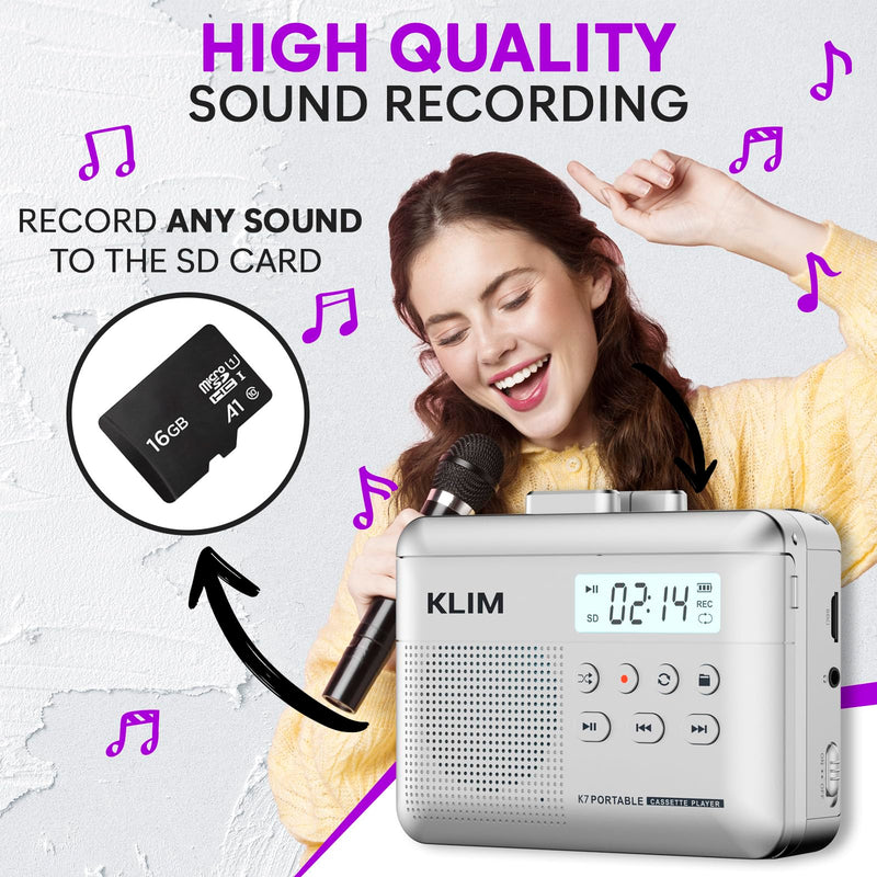 [AUSTRALIA] - KLIM K7 Cassette Tape Player - Cassette to MP3 Converter - Portable - Built-in Microphone & Speaker - Rechargeable Battery - Earphones - 16GB SD Card - Silver 