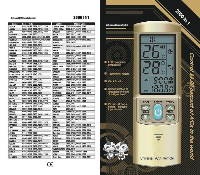 GOLD COLOR AC Remote Control For Carrier, Trane, Toshiba, Sanyo, Mitsubishi, Fujitsu, Hitachi, Haier, LG, York, Midea, Panasonic, Sharp, Samsung, Kelon, Hyundai, Gree, Funai, Daikin, Rowa, Goldstar, Daewoo.