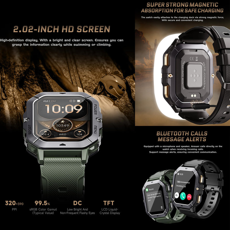 Military Smart Watch for Men(Answer/Make Calls), 2.02”AMOLED 5ATM Waterproof Smartwatch with Heart Rate/SpO2/Blood Pressure, 100+ Sports, Fitness Watch for Android iPhone, with 3 Watch Bands (Black) Black