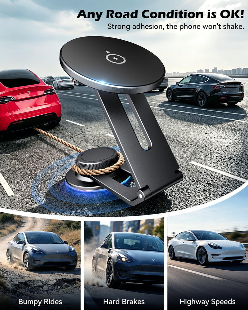 15W Charging Phone Mount for Tesla Model 3/Y, Magnetic Car Metal Holder | 360° Rotatable【Foldable & Extendable Hidden Design】 Tesla Screen Stand for 3/Y/Juniper/Cybertruck Accessories Wireless Charging