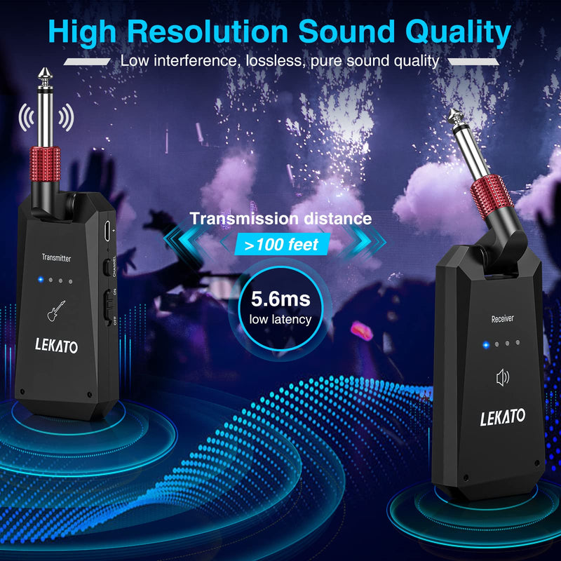 [AUSTRALIA] - LEKATO 5.8G Wireless Guitar System Upgraded Rechargeable Wireless Guitar Transmitter Receiver, Super Long 8 Hours Battery Life, 4 Channels Guitar Wireless System for Electric Guitar Bass(WS-90) 