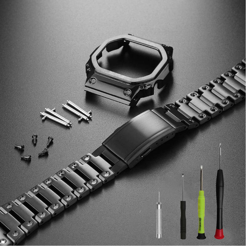 316L Stainless Steel Watch Band and Bezel Compatible with Casio GWM-5610 Watch Mod Kit Replacement black