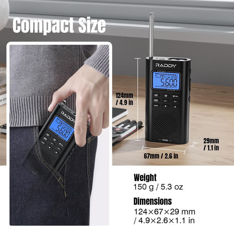 [AUSTRALIA] - Raddy RF886 Portable Shortwave Radio AM/FM/SW/VHF/WB Digital Radio BT Connection with NOAA and Alert, Rechargeable Pocket w/ 9.85 Ft Wire Antenna 5-Band 