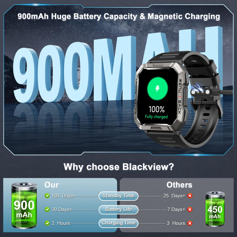 Military Smart Watch for Men(Answer/Make Call), Outdoor Sports Smartwatch with Flashlight/100 Days Battery/Compass/Heart Rate/SpO2/Sleep Monitor/2 Straps, Fitness Tracker for iPhone/Android Phones W60 Black