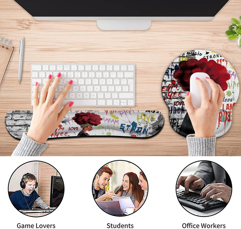 Ergonomic Mouse Pad Wrist Support Gel and Keyboard Wrist Rest Set for Laptop, Mac, Gaming and Office, Durable, Comfortable and Pain Relief + Coaster, African Black Woman Graffiti Girls