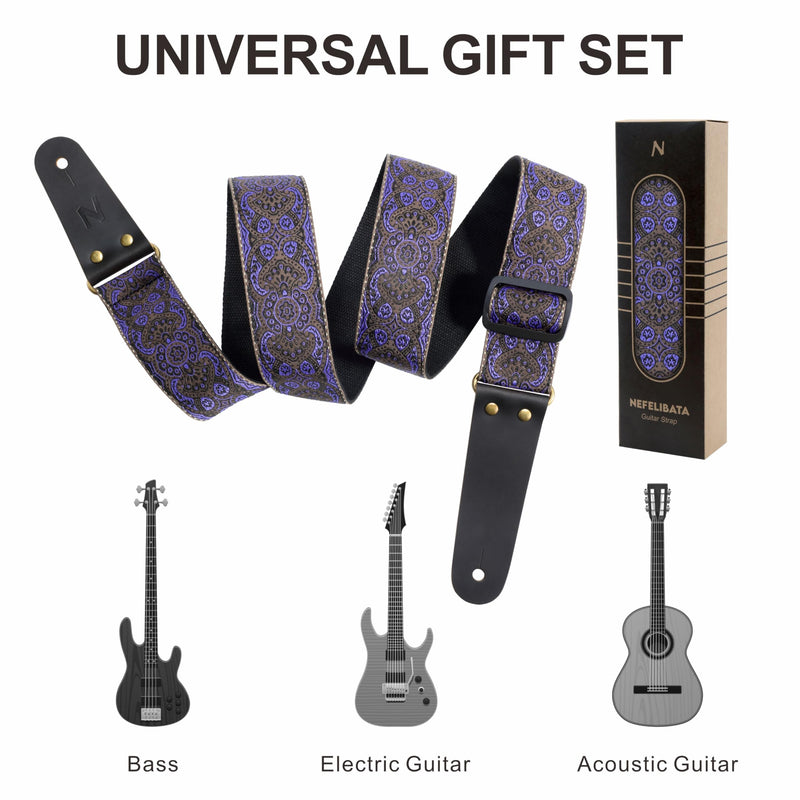 Nefelibata Guitar Strap, Vintage Embroidered Cotton Guitar Straps with Head Cowhide Leather Ends for Bass, Electric & Acoustic Guitars, with Free Strap Button, 1 Pair Strap Locks and 4 Guitar Picks Purple