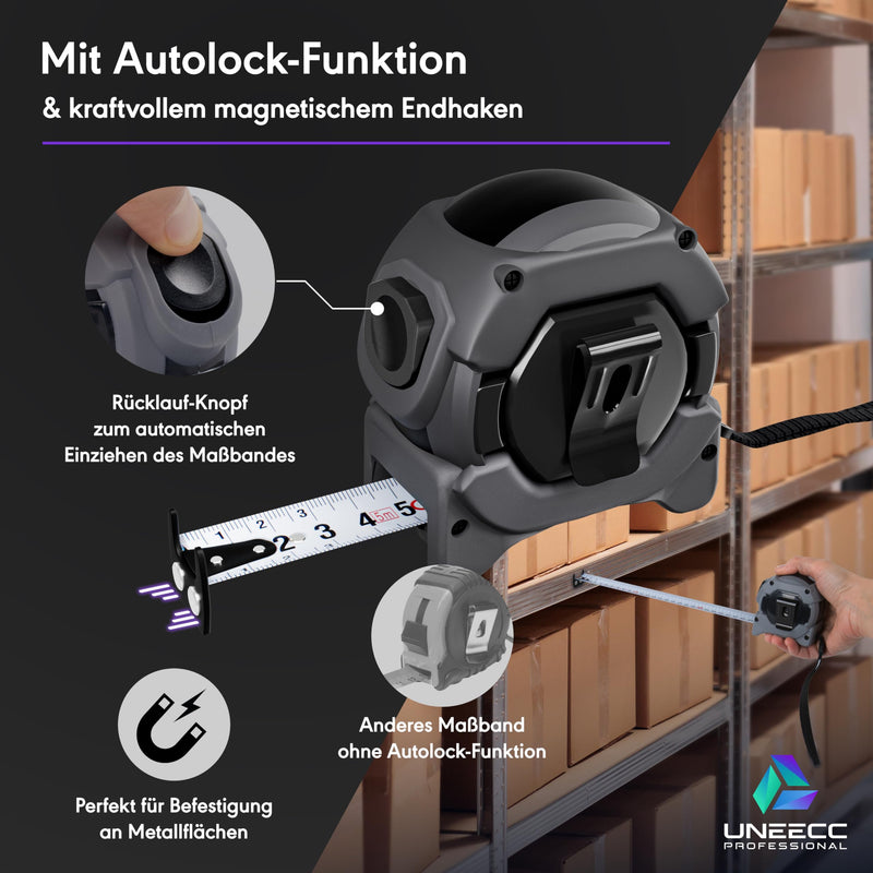 UNEECC Professional Tape Measure 5 m | Auto Lock - Automatic Tape Lock | Tape Measure 5 m | Magnetic Hook | Tape Measure | Extremely Robust | Roll Tape Measure 1