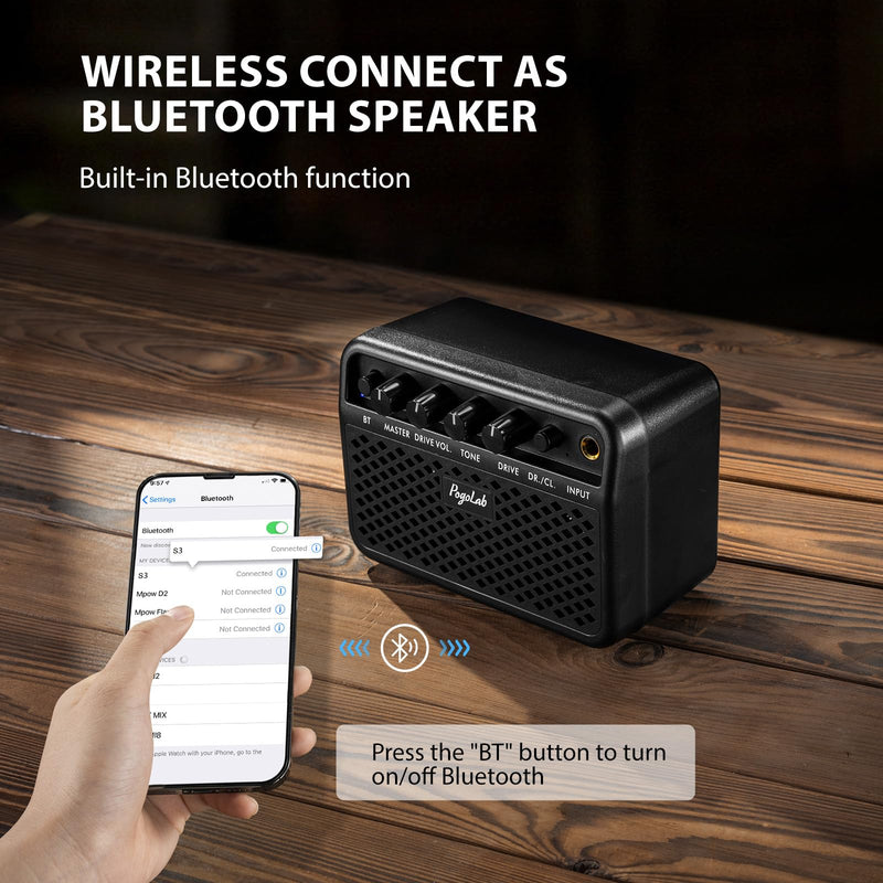 Mini Guitar Amp, 5W Small Portable Electric Guitar Amplifier, Clean & Drive Effects 2 Channels, Rechargeable Bluetooth Speaker with Headphone Jack, for Daily Practice (Black) Black