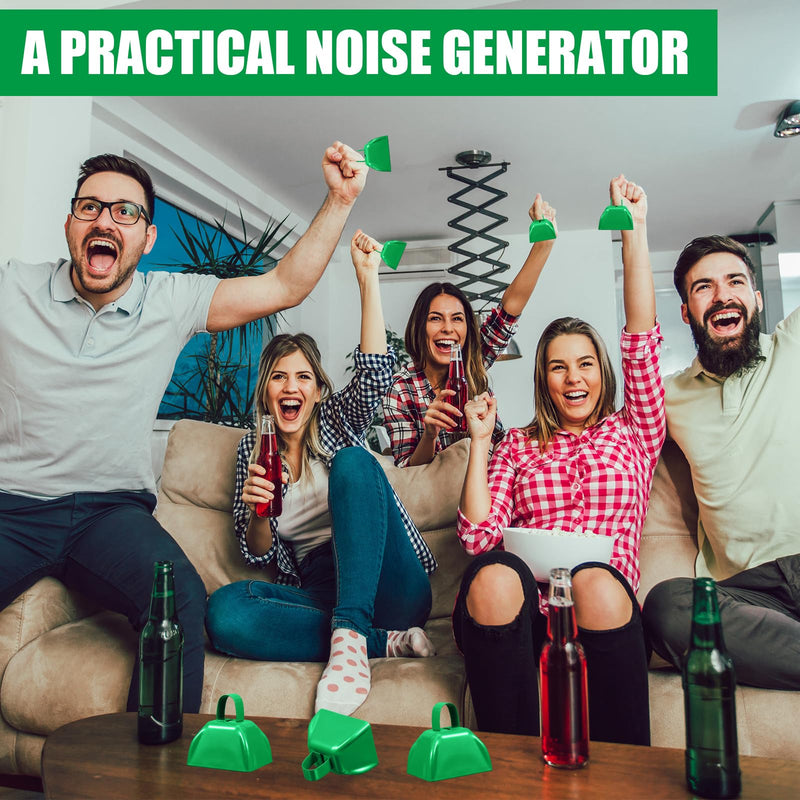 Therwen 12 Pack Metal Cow Bells Noise Makers with Handle 3 Inch Hand Percussion Cowbells Bulk Loud Call Bell for Sporting Events Cheering Football Games Team Spirit Weddings Party Noisemakers (Green) Green