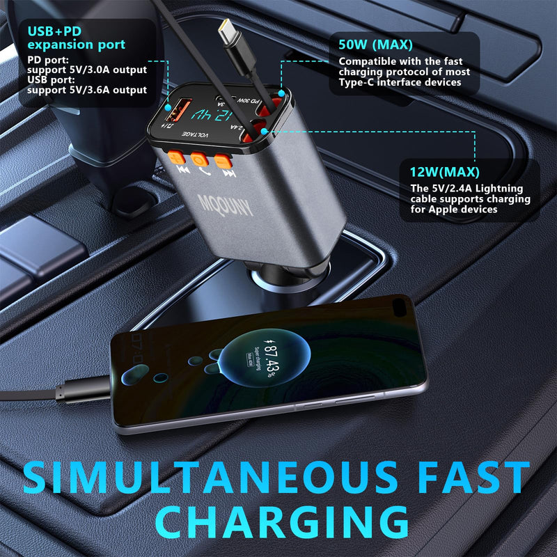 [AUSTRALIA] - Retractable Car Charger,5 in 1 Fast Cars Phone Charger 60w,Bluetooth 5.3 FM Transmitter Adapter,Handsfree Call,MP3 Player,2 Retractable Cables and USB Chargers, for Phone,Galaxy,Pixel (Black) Black 