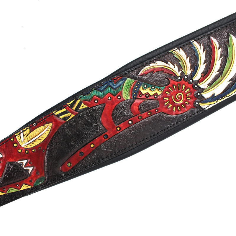 Walker And Williams KB-56-BLK Handmade 3" Wide Black Padded Guitar Strap With Carved Red Kokopelli Design On Premium Black Leather For Acoustic, Electric, And Bass Guitars