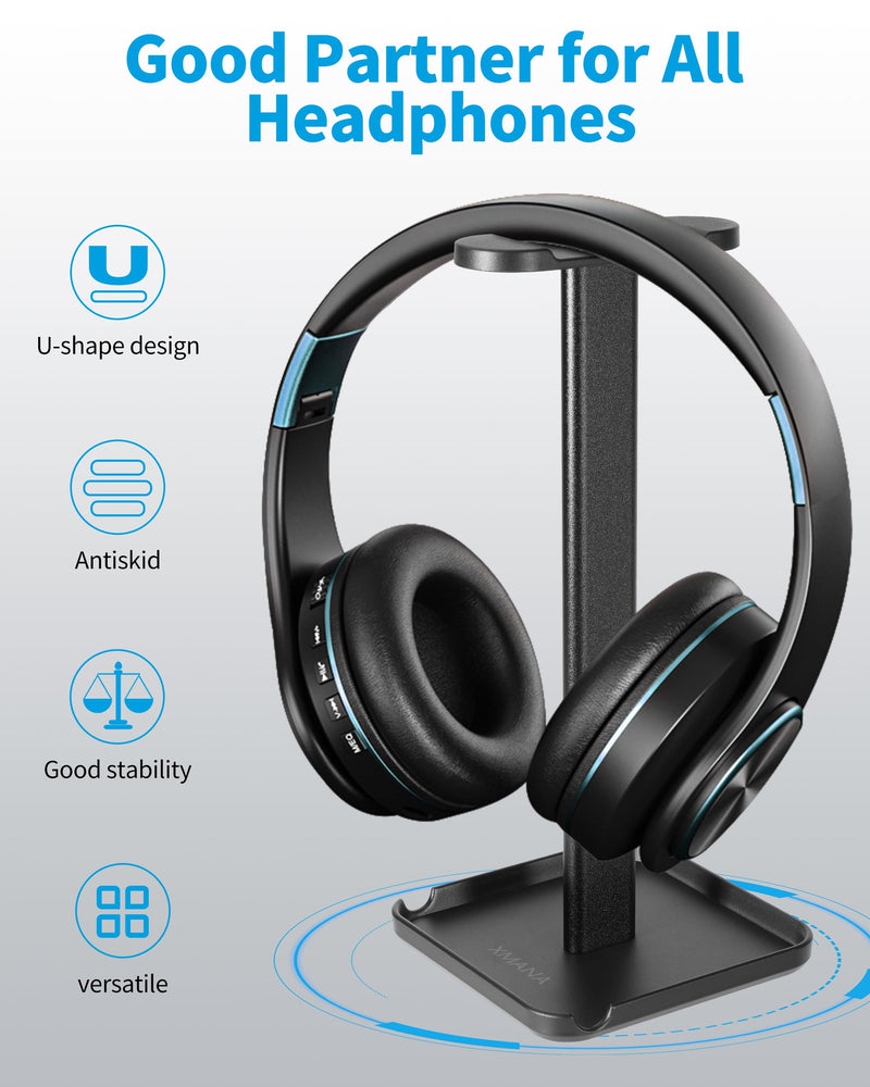 2-in-1 Aluminum Headphone Stand & Phone Holder Rack - Sleek, Sturdy & Ergonomic Design Gaming Headset Stand for Desk Organization - Gamer Gifts (Black) Black