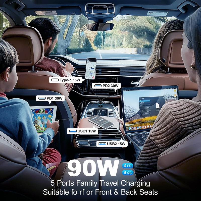 90W 5-Port Cigarette Lighter USB Charger Adapter USB C Fast Charging | Multi-Port USB C Car Charger Adapter with Voltmeter,Car Phone Charger with USB C Cable for iPhone 17 16 15Pro Max,iPad,Galaxy 1 Pack