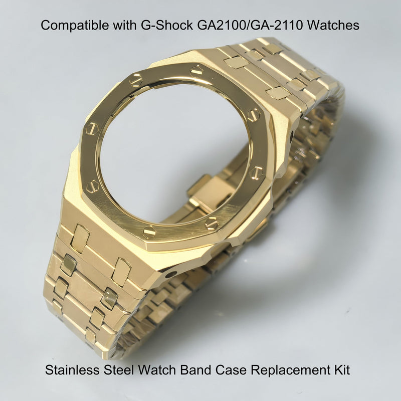GA2100 Stainless Steel Mod Kit, Metal Case Band Set with Polished & Brushed Finish Replacement Strap Compatible with Casio G-Shock GA2100/GA-2110 Watches Gold