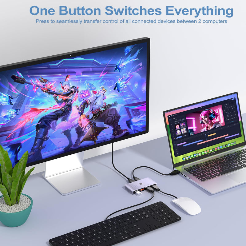 USB 3.0 Switch, 2 Computers Sharing 4 USB Devices, One-Button Switcher | For Keyboard Mouse Printer Scanner, USB Peripheral Sharing Hub for PC Laptop with 2 USB 3.0 Cables, Aluminum Alloy Case For 2 PCs