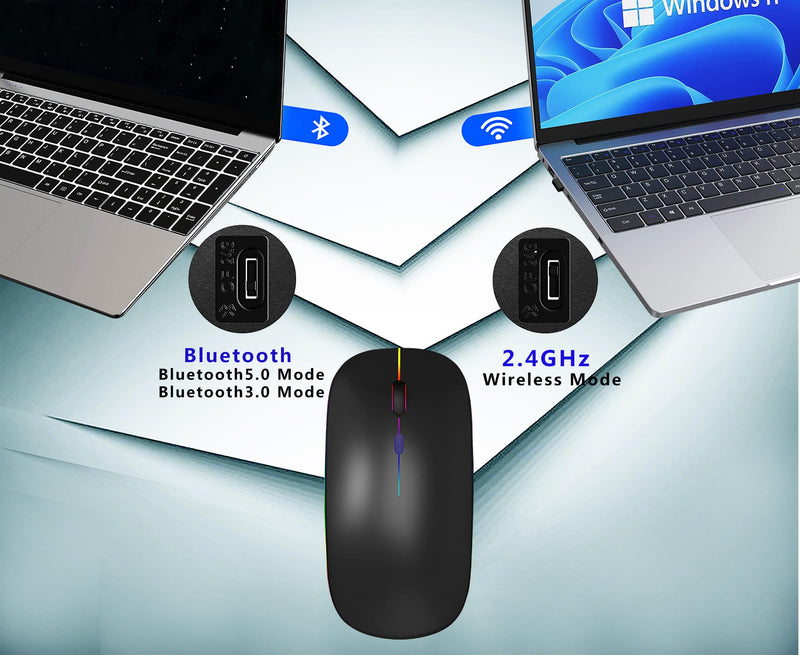 Wireless Bluetooth Mouse,LED Rechargeable Silent Slim Laptop Mouse,Portable(BT5.2/3.0 and USB 2.4G) Dual Mode Computer Mice,for Apple Laptop,ipad Tablet,Desktop,Mac,Phone. (Black Mouse) Black Wireless Bluetooth Mouse