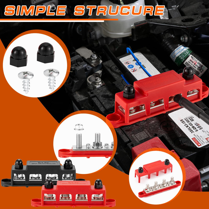250 A 12 V Busbar 4 x M8 (5/16 Inch) Terminal Bolts DC Bus Bars Distribution Block with Cover, Negative & Positive High Performance Module BusBar Box for Car, Boat, Solar System (M8)