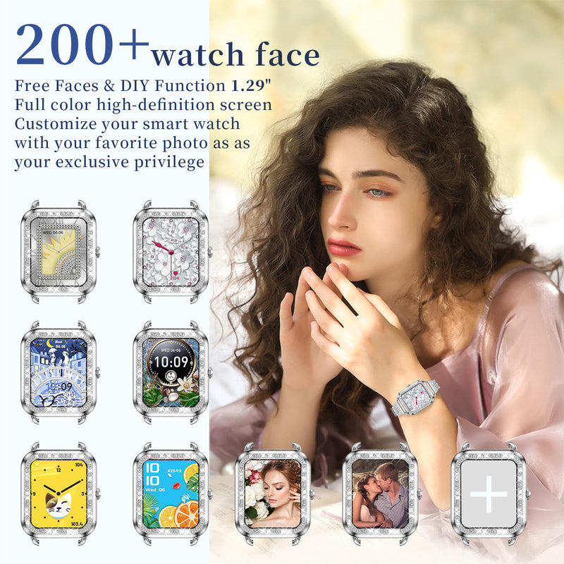 Smart Watch for Women Diamonds(Answer/Make Call),1.29''HD Touch Screen Smart Watch Android,Fitness Tracker with Heart Rate/Blood Oxygen/Sleep Monitor,Waterproof Smartwatch 3 Strap (Diamond Silver)