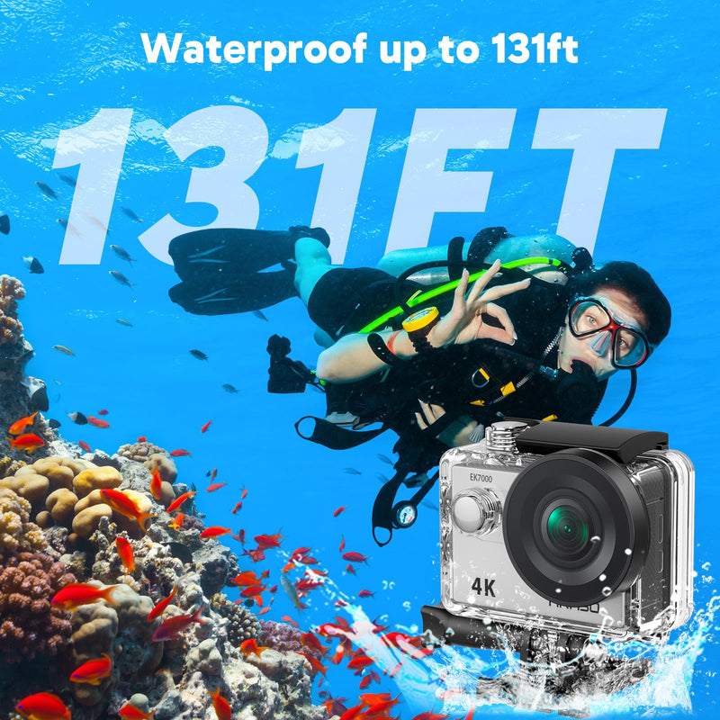 AKASO EK7000 4K30FPS 20MP WiFi Action Camera with EIS Ultra HD Underwater Camera 131FT Waterproof Camera Remote Control 4X Zoom Support External Microphone Silver Sage/Silver