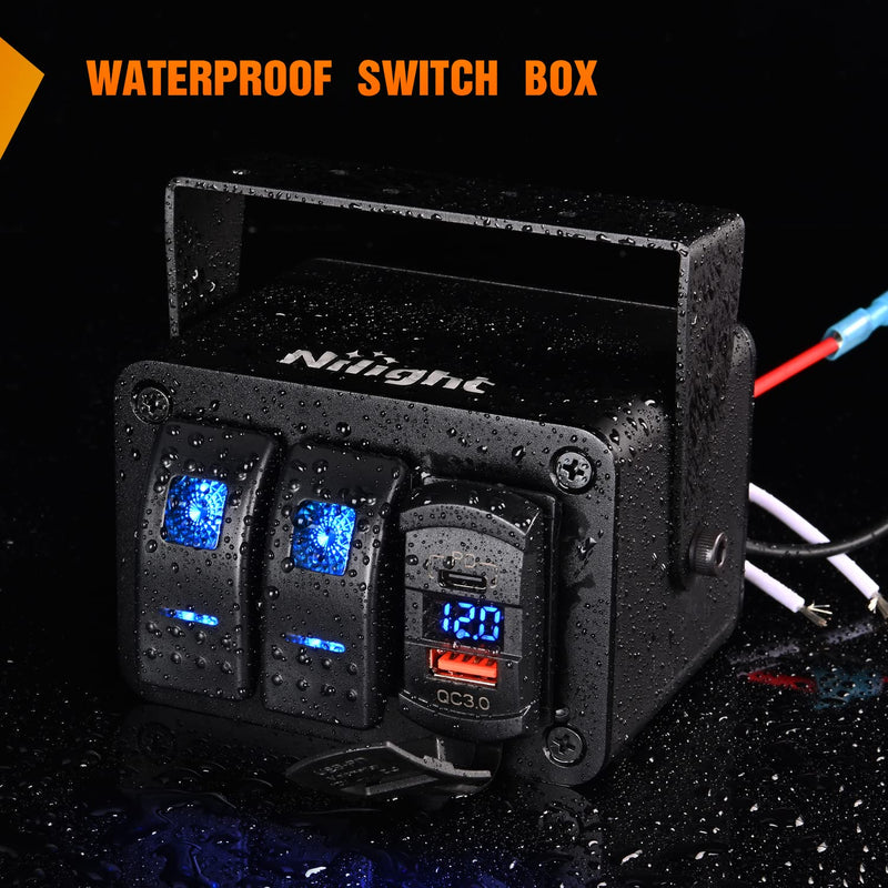 Nilight 2 Gang Rocker Switch Box 12V SPST ON Off PD Type C and QC 3.0 USB Charger Voltmeter Waterproof Aluminum Panel DIY Stickers for Boats Cars RVs Trucks Blue+Box 3 Gang Type C +USB