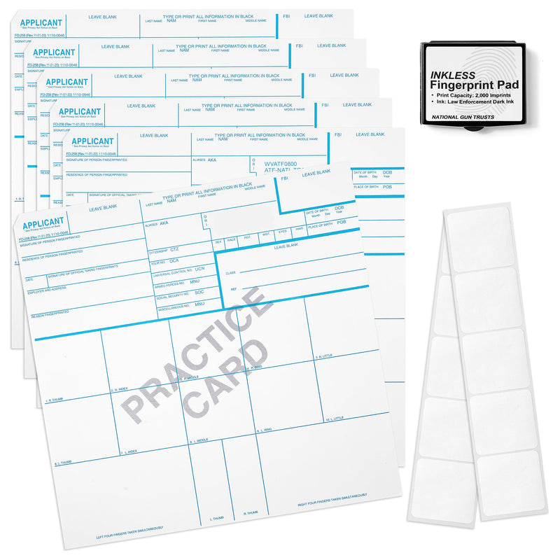 Made in USA - FD 258 Fingerprint Card 2025 Kit Full (6 Cards + 1 Practice Card) w/Reusable Ink Pad, Correction Tabs, Instructions FD258-ATF