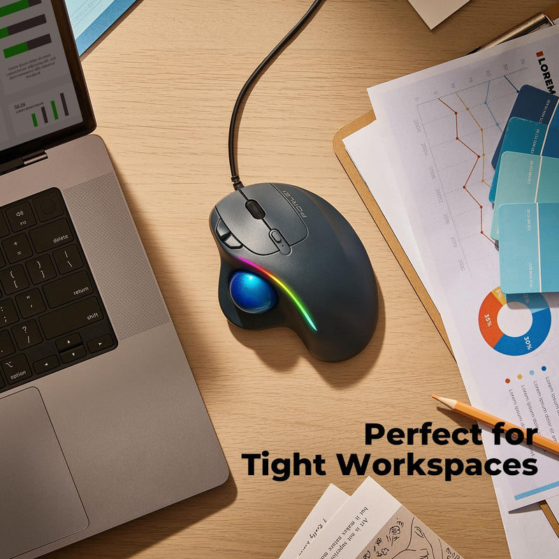 Wired Trackball Mouse with RGB Lighting, Ergonomic Thumb Control to Reduce Muscle Strain, 5 Adjustable DPI, Dual USB-C & USB-A Connectivity, Compatible with PC, Laptop, Mac, Windows-Blue A-Blue