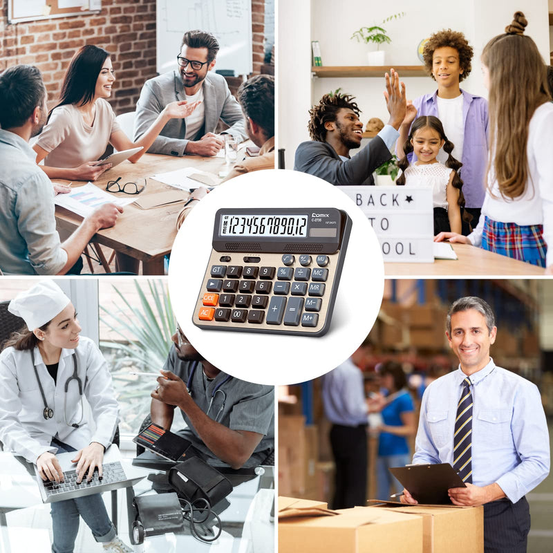 Comix Desktop Calculator, 12 Digits Large Desk Calculator, Gold, 2 Pack | Solar Battery Dual Power, 5 Inch Large LCD Display, Computer Keys, 4 Function Basic Calculator Office Business Home Use